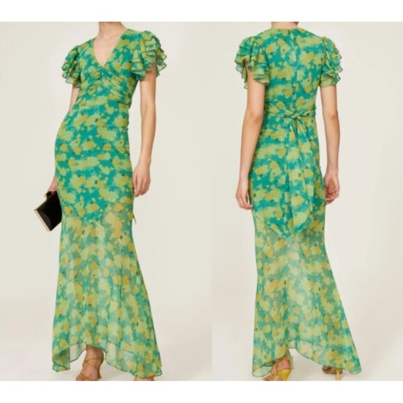 De La Vali Palmera Green Floral Chiffon Maxi Dress UK 12 US 8 Ruffle Sleeve $676 - Picture 2 of 16